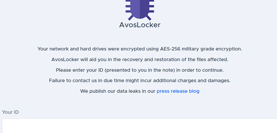 図3：ランサムウェアAvosLockerが用意したWebサイト 複合化のため、身代金要求メッセージに記載されたIDを入力するよう指示