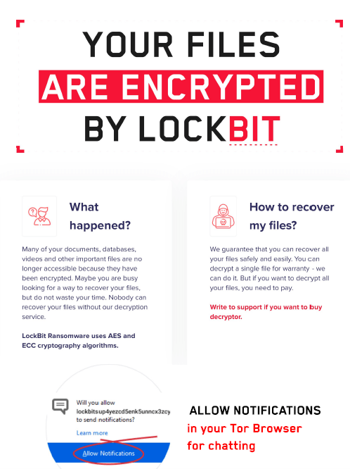 図5：ランサムウェアLockbit 2.0が用意したWebサイト チャットを開始するため、このWebサイトからの通知を許可するよう要求