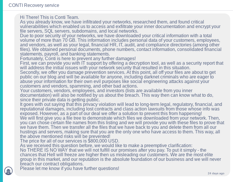 図6：ランサムウェアContiの攻撃者からチャットに届く初回メッセージ