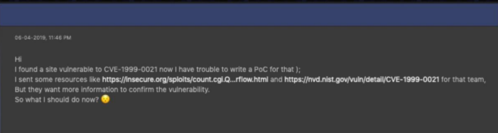 図1：「パッチ未適用の Web サイトを発見した」としてCVE-1999-0021 の悪用支援を求めるユーザ投稿 （投稿は 2019 年で、脆弱性公開から 20 年が経過）
