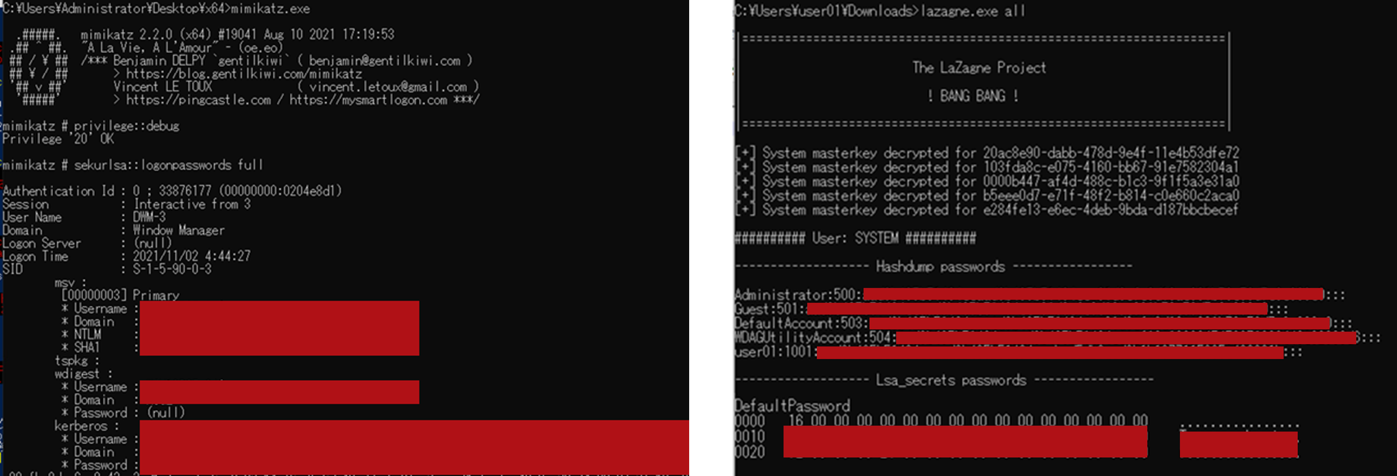 図７：認証窃取に用いられるツールのコンソール画面(左:Mimikatz、右:Lazagne)