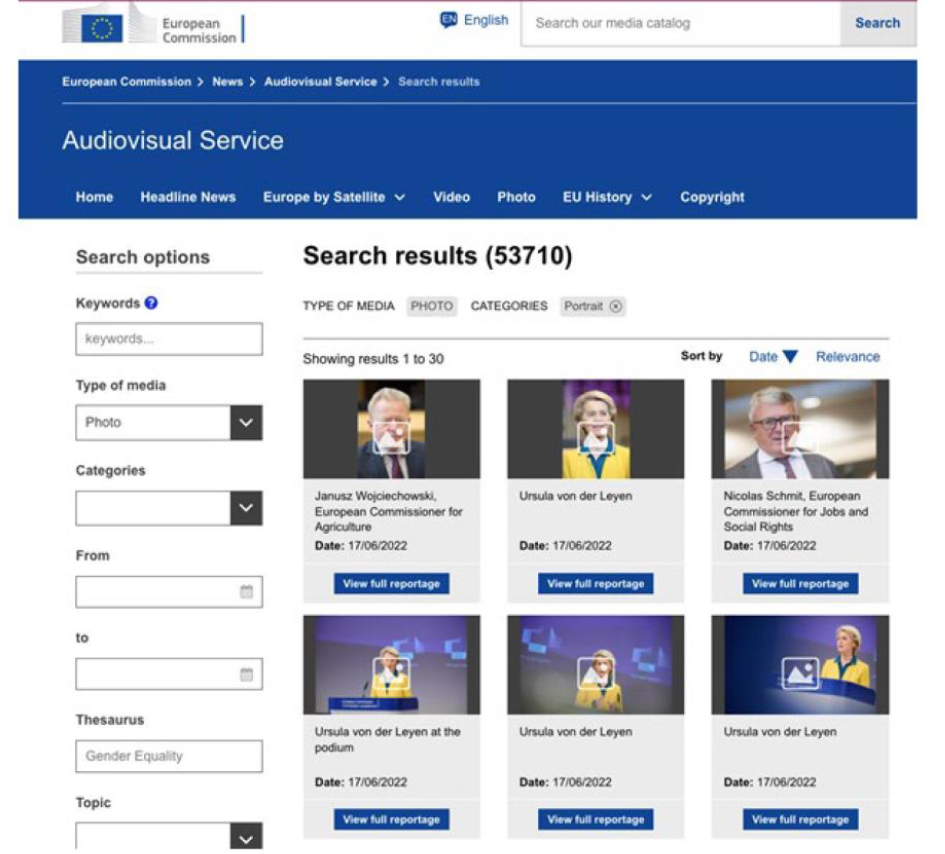 図2：欧州委員会の公式サイトで肖像写真を検索した結果