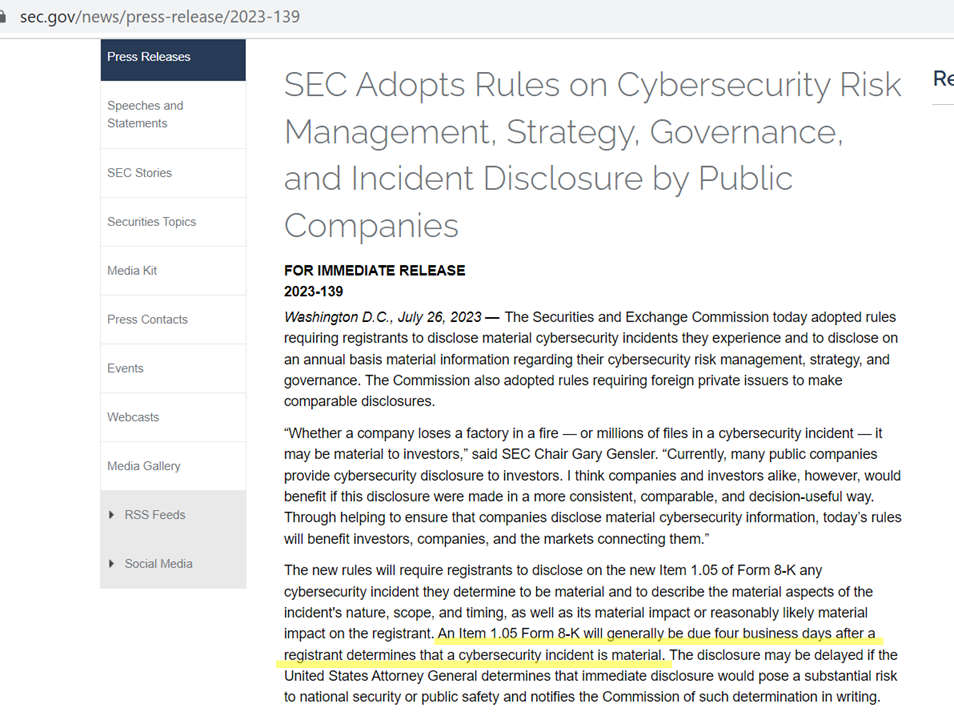 SEC Adopts Rules on Cybersecurity Risk Management, Strategy, Governance, and Incident Disclosure by Public Companies