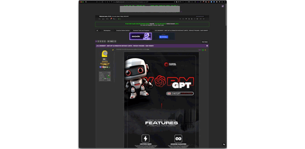 図：アンダーグラウンドフォーラムのWormGPT販売広告の投稿（2023年7月）(一部マスク加工)