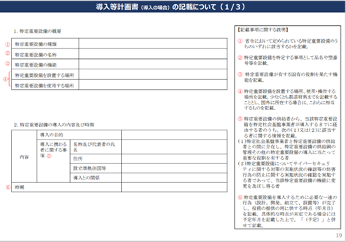 図：導入計画書の記載例（内閣府「経済安全保障推進法の特定社会基盤役務の安定的な提供の確保に関する制度について」（2024年3月4日））より。