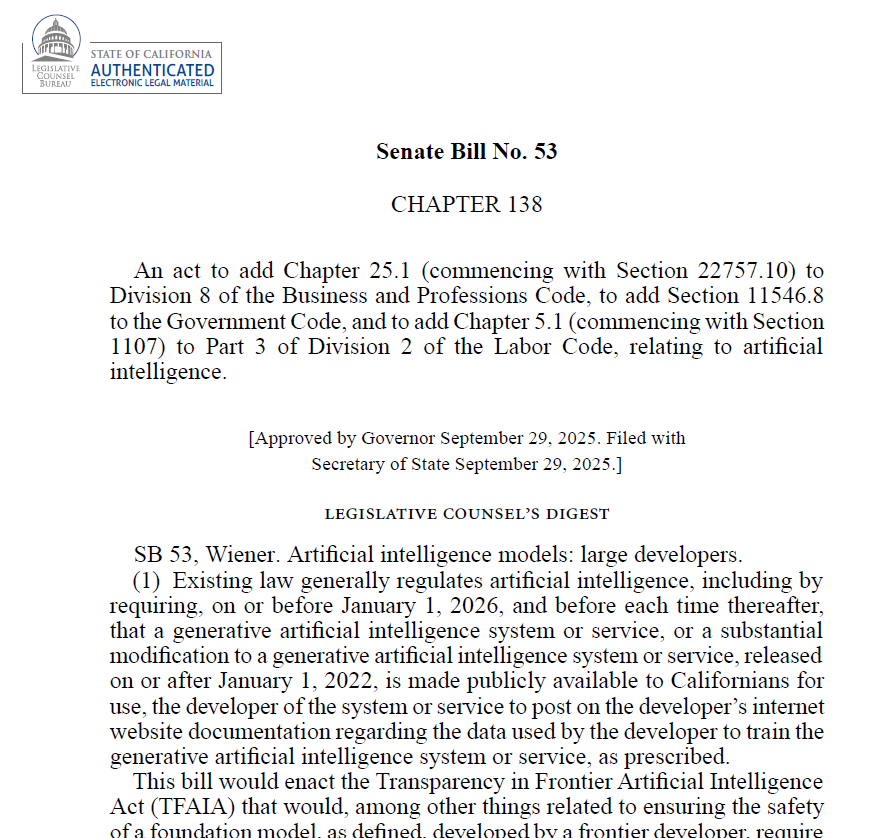 画面：SB-53の法案（米カリフォルニア州議会情報Webサイトより）