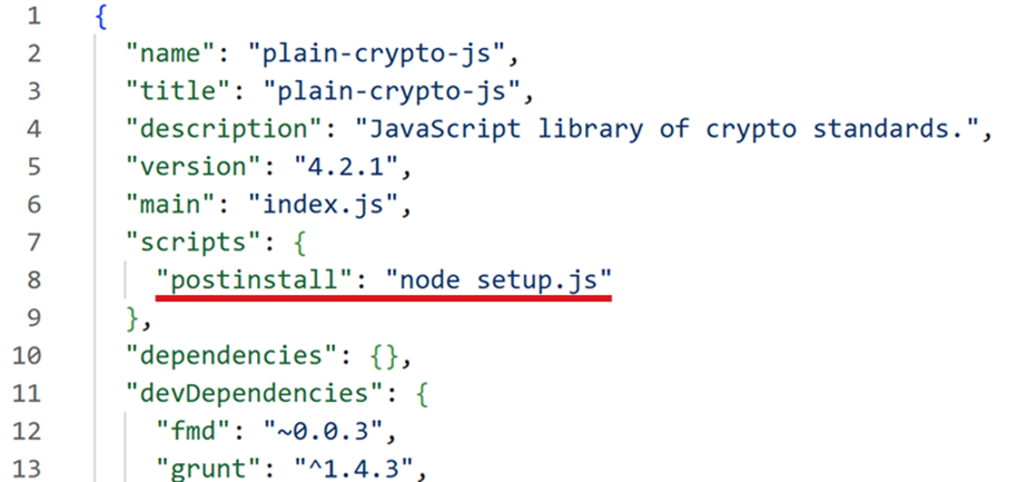 画面：plain-crypto-js@4.2.1のpackage.jsonの内容（トレンドマイクロでの再現）