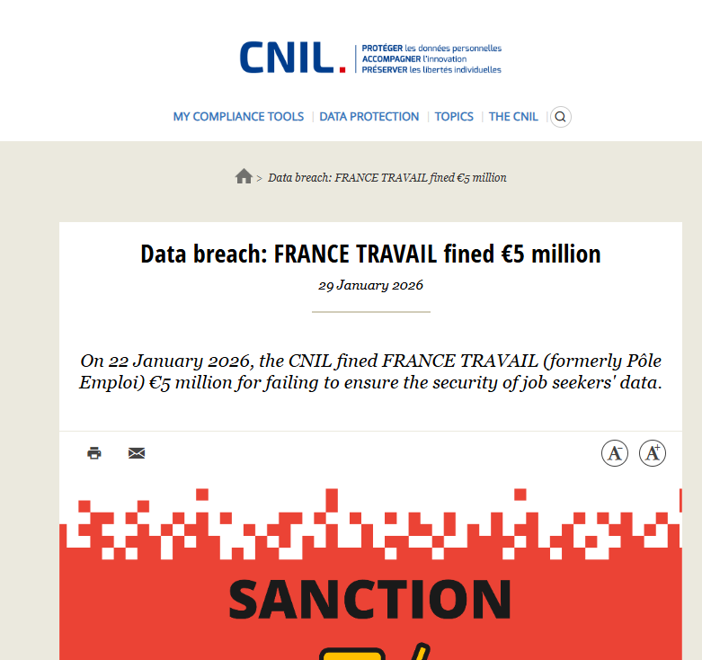 画面：フランスCNILによるFrance Travailへの制裁内容（2026年1月）