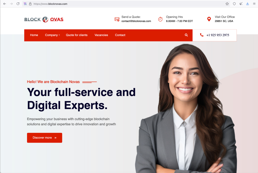 画面：求職者を騙すための架空企業（BlockNovas）のWebページ