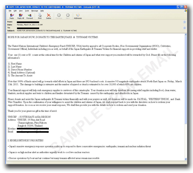 図：「UNICEF」を装って送信されるスパムメール