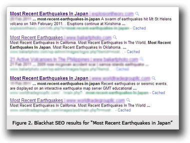 図1：キーワード「Most Recent Earthquake in Japan」で検索した際の不正に操作された検索結果