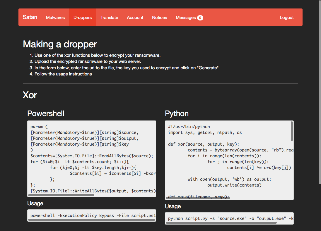 RaaS「SATAN」サイト上で提供される暗号化ツール作成の例