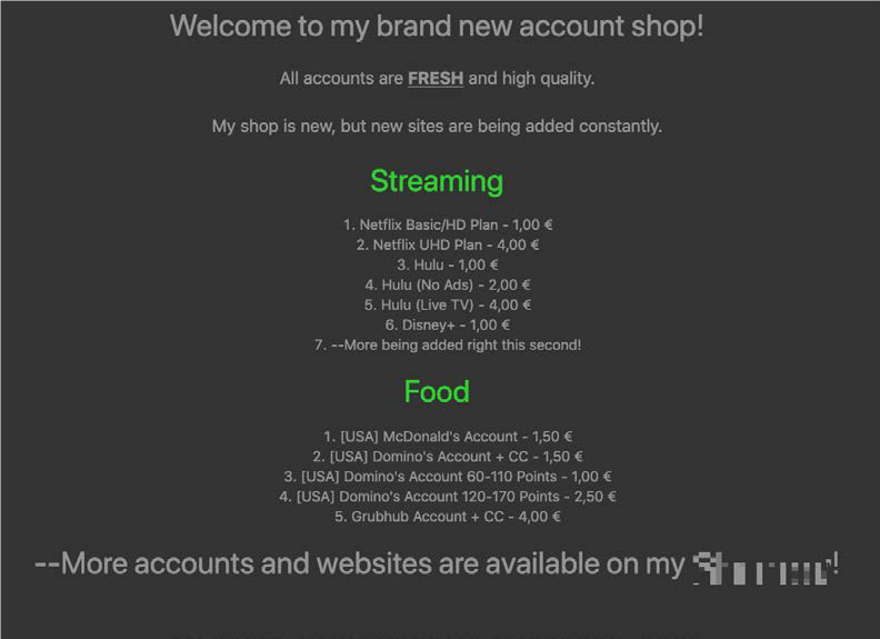 動画配信サービスと食品関連サービスのアカウント情報を販売する闇市場サイトの広告例