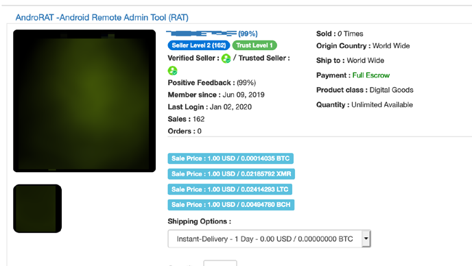 ダークウェブ上の闇市場サイトで確認したAndroid向けRAT（AndroRAT）の販売例