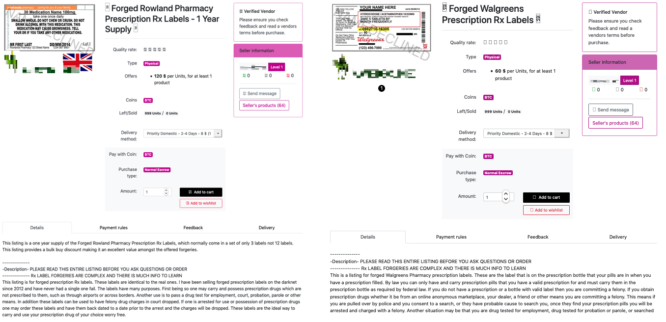ダークウェブ上の闇市場で確認した処方箋用RXラベルの販売例