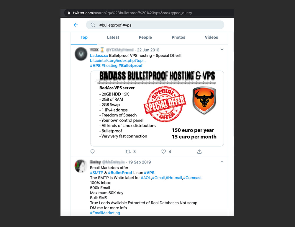 Twitter上での防弾ホスティングサービスの広告例