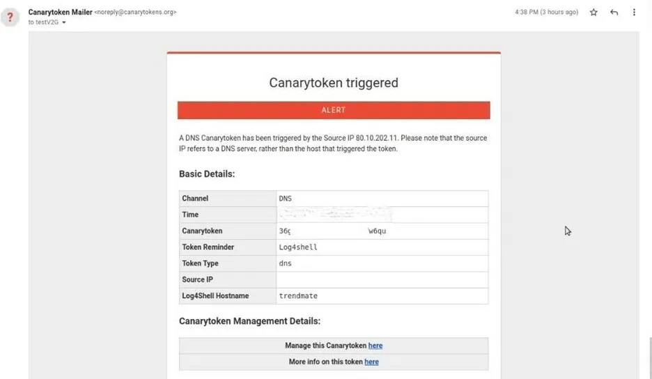 Log4jの脆弱性が突かれたことでCanarytokensから届いたアラート通知の例