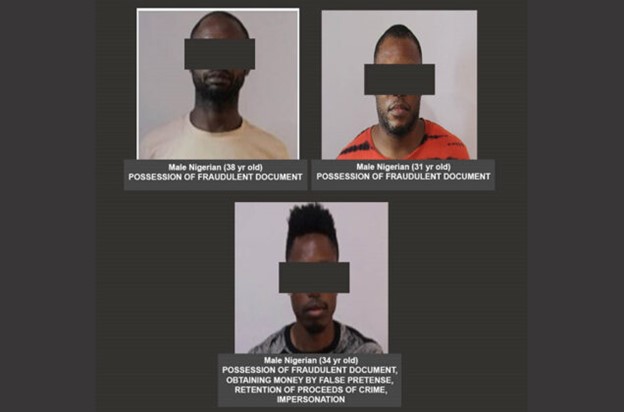 圖 2：EFCC 逮捕了三名專門從事資訊竊取與變臉詐騙的嫌犯。影像來源：Interpol。