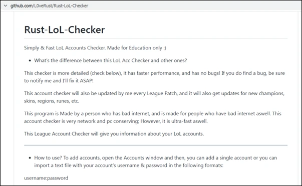 圖 3：冒牌的英雄聯盟帳號檢查工具在 Github 上的詳細資訊。