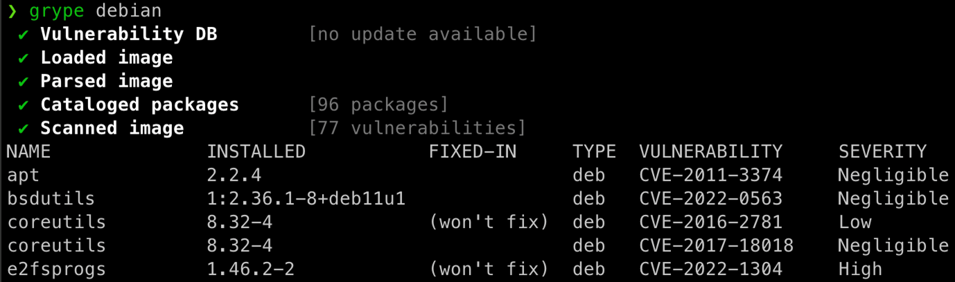 圖 2：使用 Grype 產生 Debian 官方公開映像套件漏洞清單 (請注意，圖中只顯示部分漏洞)。