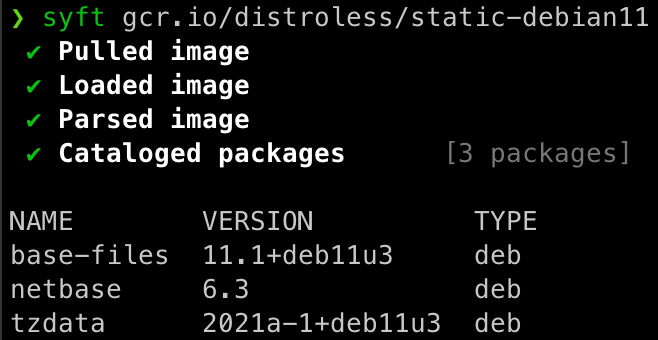 圖 6：使用 Syft 列出某個 Google 的 Distroless Debian 映像包含的套件，可看到數量很少。