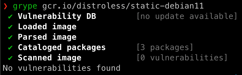圖 7：使用 Grype 來分析某個 Google 的 Distroless Debian 映像，可看到套件的漏洞為零。