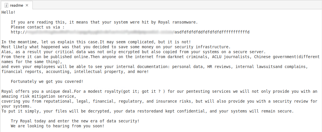 圖 1：Royal 勒索病毒的勒索訊息。