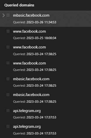 圖 9：連線到 facebook.com 以及 telegram.org 網域。