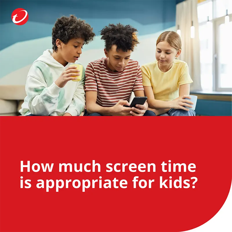 Trend Micro with kids holding a mobile device, accompanied by a text asking about appropriate screen time for kids.