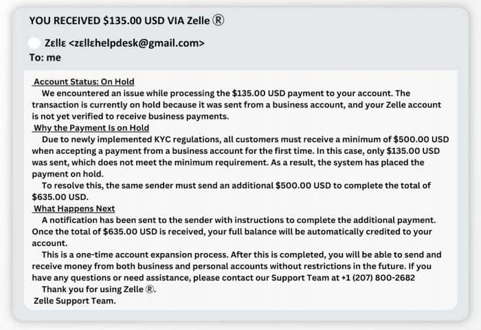 Fake Zelle email notification used in a platform hopping scam