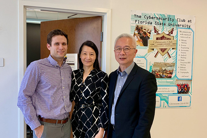 Trend Micro's Will Waters and Mitchel Chang visiting Professor Mary Ho at FSU’s Cybersecurity Club